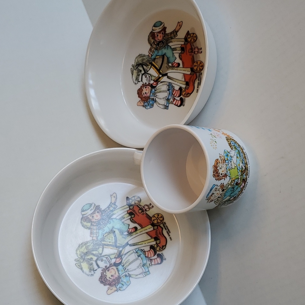 Vintage Raggedy Ann and Andy Dishes Cup & Bowl Set of 3